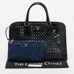 مملوكة مسبقًا Prada Navy Blue Perforated Saffiano Vernic Leather Satchel