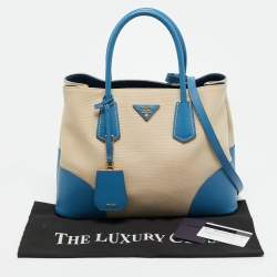 Pre Owned حقيبة يد توتس برادا قماش كانفاس كانابا وجلد سافيانو لوكس زرقاء/بيج