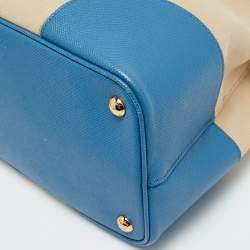 Pre Owned حقيبة يد توتس برادا قماش كانفاس كانابا وجلد سافيانو لوكس زرقاء/بيج