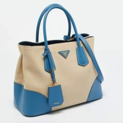Pre Owned حقيبة يد توتس برادا قماش كانفاس كانابا وجلد سافيانو لوكس زرقاء/بيج