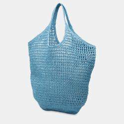 مملوكة مسبقًا Prada Blue Raffia Effect Crochet Logo Embroidered Shopping Tote
