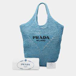 مملوكة مسبقًا Prada Blue Raffia Effect Crochet Logo Embroidered Shopping Tote