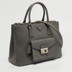 Pre Owned Prada Front Pocket Double Zip Medium Saffiano Leather Tote