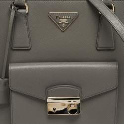 Pre Owned Prada Front Pocket Double Zip Medium Saffiano Leather Tote