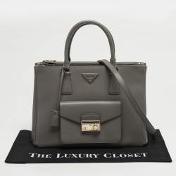 Pre Owned Prada Front Pocket Double Zip Medium Saffiano Leather Tote