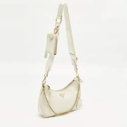 Pre Owned Prada Re-Edition 2005 Off White Saffiano Lux Leather Shoulder Bag