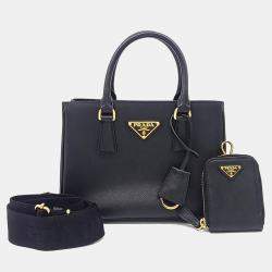 مملوكة مسبقًا حقيبة يد وتوتس برادا جاليريا جلد سافيانو فاخر أسود ومع حزام للنقل