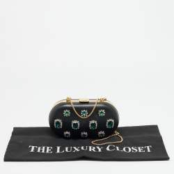 Pre Owned Prada Crystal Embellished Black Leather Frame Chain Clutch