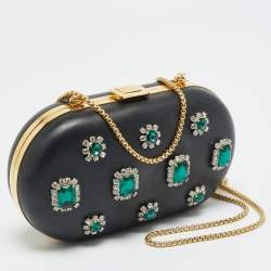 Pre Owned Prada Crystal Embellished Black Leather Frame Chain Clutch