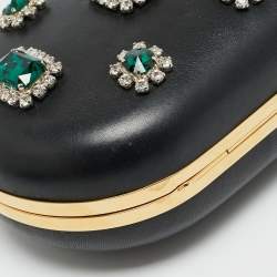 Pre Owned Prada Crystal Embellished Black Leather Frame Chain Clutch