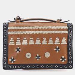 Pre Owned Prada Brown Saffiano Embroidered Pattina Satchel