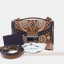 Pre Owned Prada Brown Saffiano Embroidered Pattina Satchel