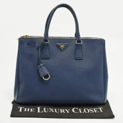 Pre Owned Prada Galleria Large Navy Blue Saffiano Lux Leather Double Zip Tote
