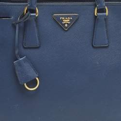 Pre Owned Prada Galleria Large Navy Blue Saffiano Lux Leather Double Zip Tote