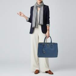 Pre Owned Prada Galleria Large Navy Blue Saffiano Lux Leather Double Zip Tote