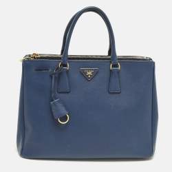 Pre Owned Prada Galleria Large Navy Blue Saffiano Lux Leather Double Zip Tote