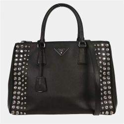 Pre Owned حقيبة يد برادا توتس جلد أسود غاليريا بسحاب مزدوج مرصعة طريقة حمل مزدوجة