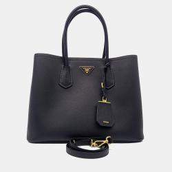 Pre Owned Prada Black Leather Saffiano Double Tote And Shoulder Bag