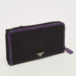 Pre Owned محفظة برادا نايلون وبراءة اختراع جلد أسود/أرجواني بسحاب دائري
