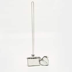 Pre Owned Prada Silver Triangle Embossed Leather Wallet On Chain