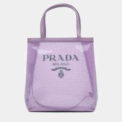 Pre Owned Prada Purple Small Sequined Mesh Logo Tote