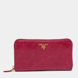 Pre Owned Prada Zip Pink Vitello Shine Leather Continental Wallet