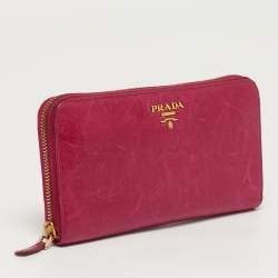 Pre Owned Prada Zip Pink Vitello Shine Leather Continental Wallet