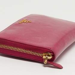 Pre Owned Prada Zip Pink Vitello Shine Leather Continental Wallet