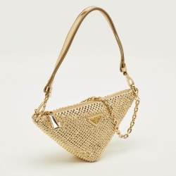 مملوكة مسبقًا Prada Triangle Gold Crystal Studded Satin Shoulder Bag