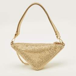 مملوكة مسبقًا Prada Triangle Gold Crystal Studded Satin Shoulder Bag