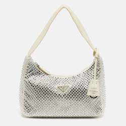 Pre Owned Prada Re-Edition 2000 Crystal Studded White Satin Shoulder Bag
