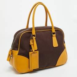 Pre Owned حقيبة بولر برادا قماش وجلد بني غامق/أصفر