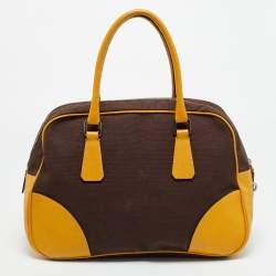 Pre Owned حقيبة بولر برادا قماش وجلد بني غامق/أصفر