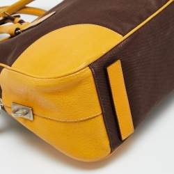 Pre Owned حقيبة بولر برادا قماش وجلد بني غامق/أصفر