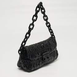 Pre Owned Prada Gaufre Black Gaufre Patent Leather Chain Shoulder Bag