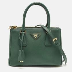 Pre Owned Prada Galleria Double Zip Small Green Saffiano Lux Leather Tote