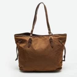 Pre Owned حقيبة تسوق برادا نايلون بني وجلد سافيانو