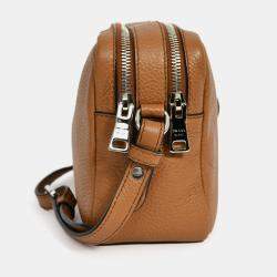 Pre Owned Prada Caramel Leather Vitello Daino Double Zip Crossbody Camera Bag with Strap