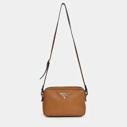 Pre Owned Prada Caramel Leather Vitello Daino Double Zip Crossbody Camera Bag with Strap