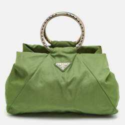 Pre Owned Prada Vintage Tessuto Green Nylon O Ring Metal Handle Tote