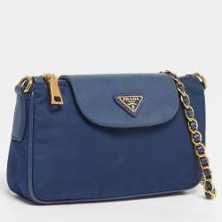 Pre Owned Prada Triangle Logo Navy Blue Leather and Nylon Crossbody Bag