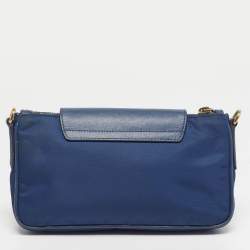 Pre Owned Prada Triangle Logo Navy Blue Leather and Nylon Crossbody Bag
