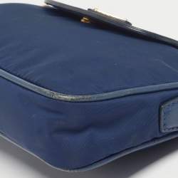 Pre Owned Prada Triangle Logo Navy Blue Leather and Nylon Crossbody Bag