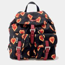 Pre Owned Prada Heart Pattern Backpack Black/Red Nylon