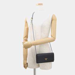 Pre Owned Prada Wallet With Shoulder Strap Black Leather