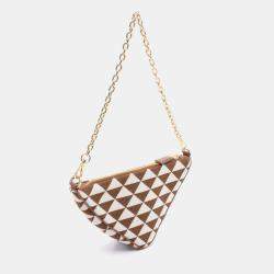 Pre Owned حقيبة كتف برادا مثلث قماش وجلد بني أبيض