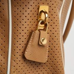 Pre Owned Prada Bauletto Beige/White Perforated Saffiano Leather Satchel