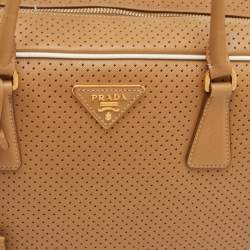 Pre Owned Prada Bauletto Beige/White Perforated Saffiano Leather Satchel