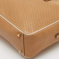 Pre Owned Prada Bauletto Beige/White Perforated Saffiano Leather Satchel