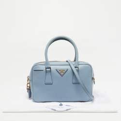 Pre Owned Prada Bauletto Pale Blue Saffiano Lux Leather Zip Satchel